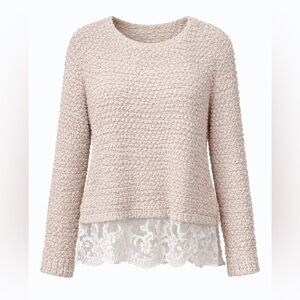 Contemporary Style Signature Cream Popcorn Knit Sweater w/ Lace Hem | L